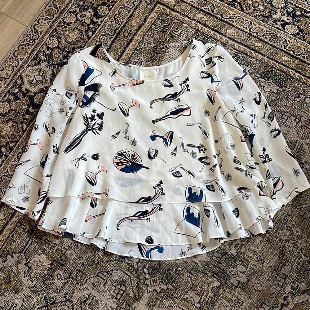 Anthropologie Maeve Silk Popover Shirt Layered Umbrella Pattern Top 3/4 Sleeve 6